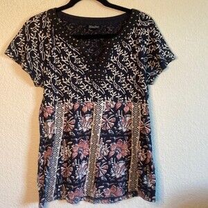 Lucky Boho floral Aztec tribal stud Vneck short sleeve S shirt lagen grunge